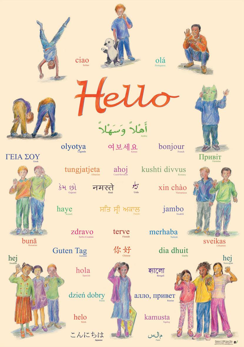 Multilingual classroom poster that says "Hello"