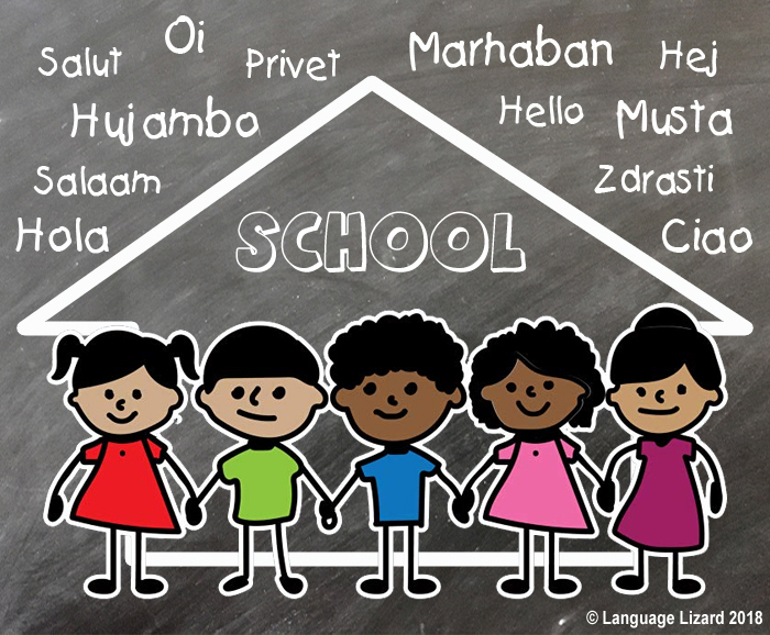 cartoon children in front of a school with "hello" in many languages