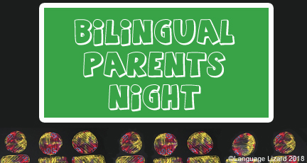 colorful stick figure people in a classroom with a chalkboard that says, "Bilingual Parents Night"