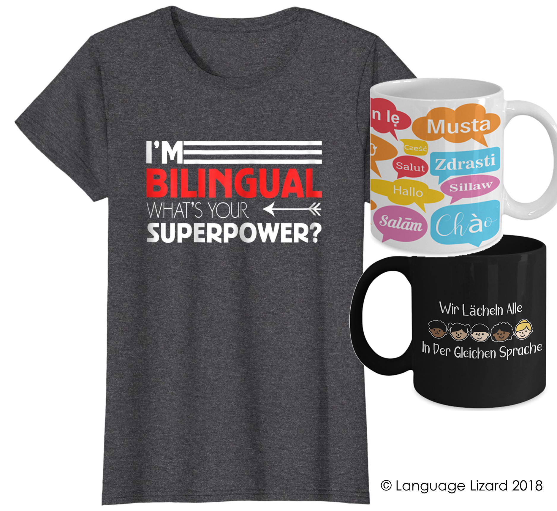 bilingual shirts and mugs